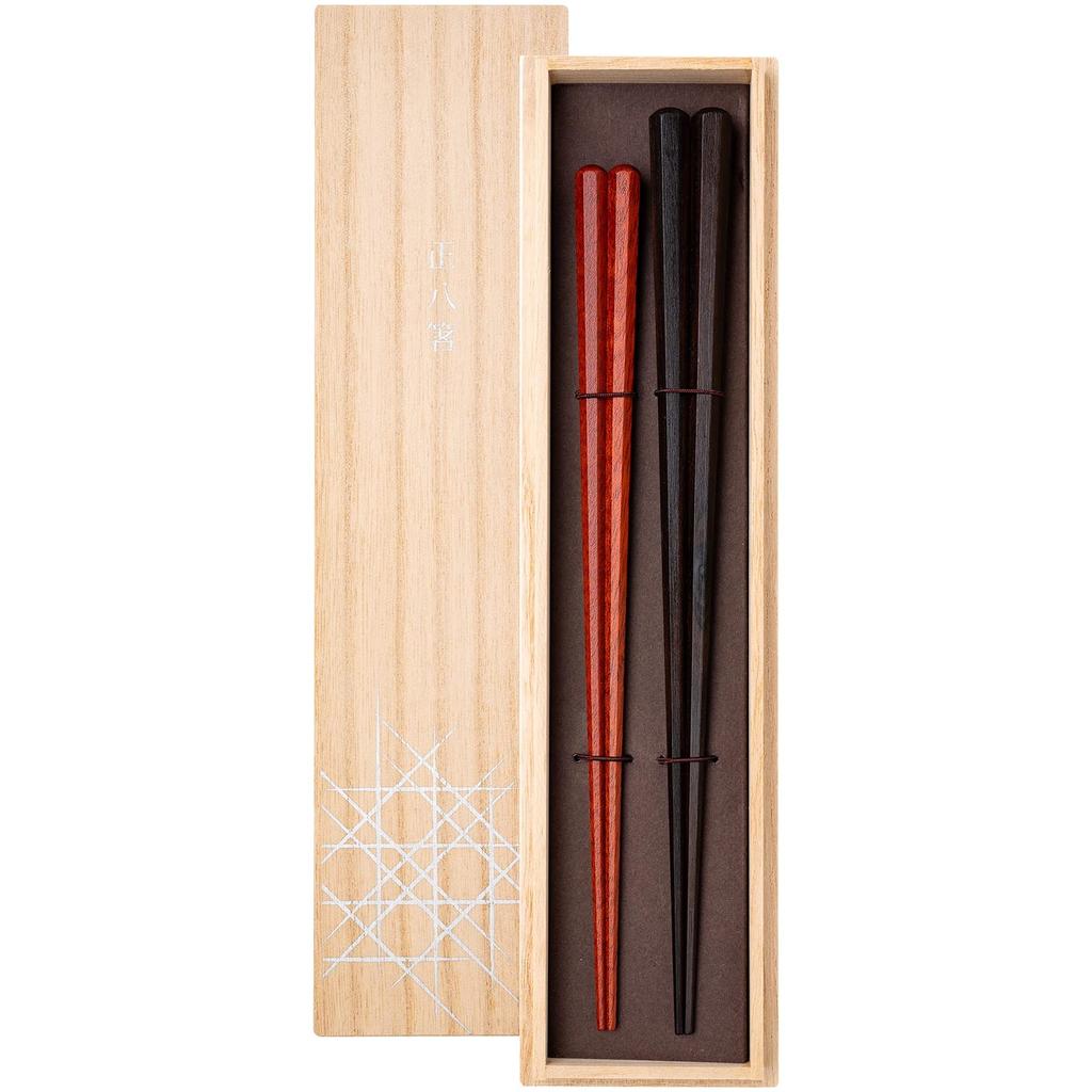 Hashikura Matsukan Natural Ebony Black Made In Black Chopsticks, Couple's Set, High-Quality Wood, 23.5cm & 22cm, Satin, Octagonal, & Brown, Japan,