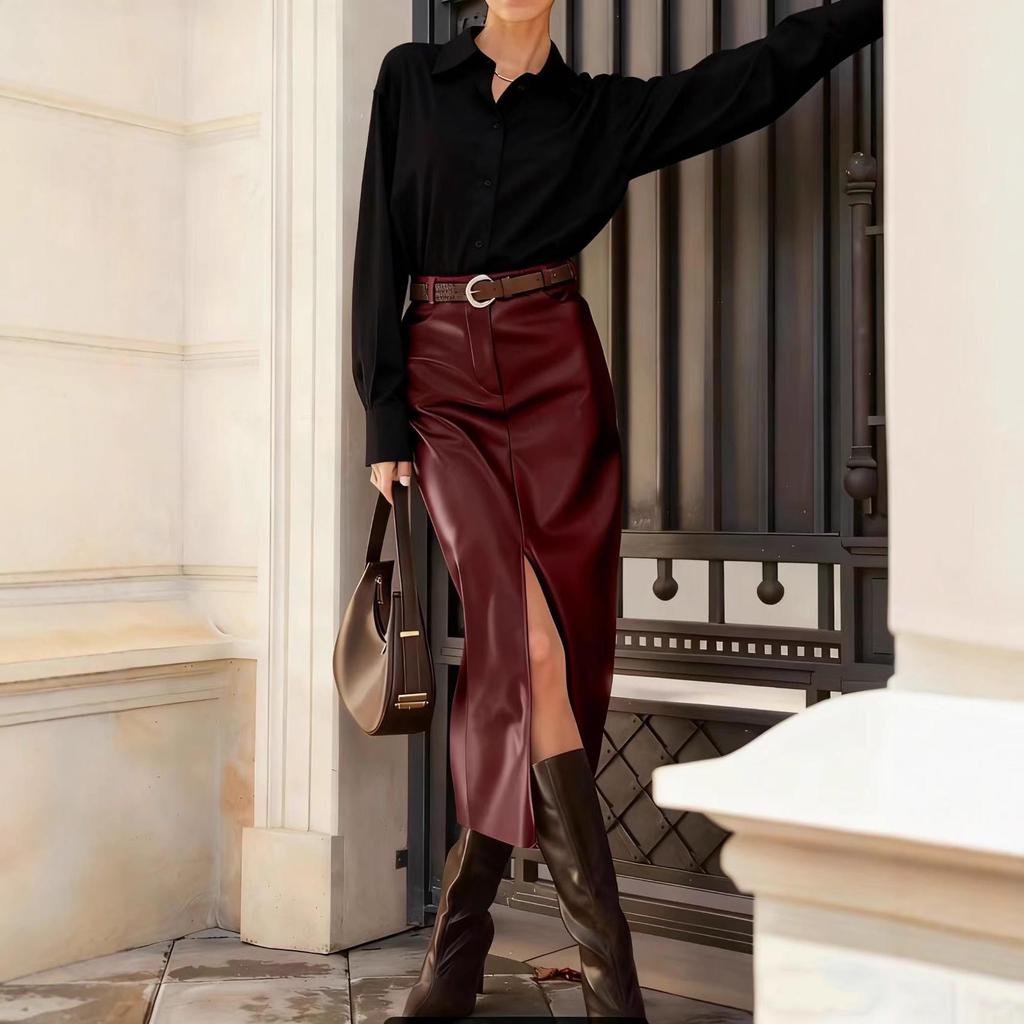 Women's High-Waisted Leather Skirt with Belt - Autumn/Winter Collection