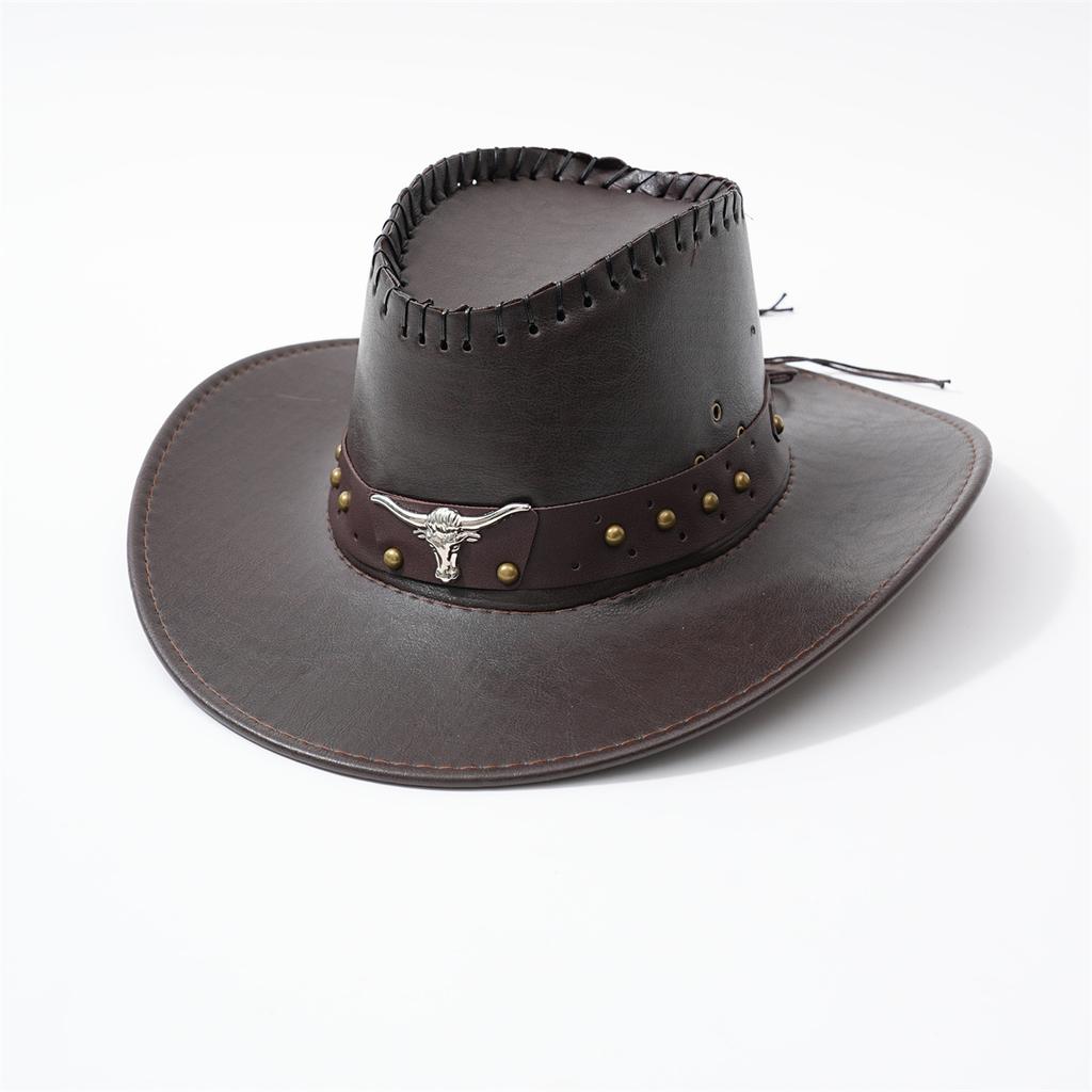 New Unisex PU Leather Wide Brim Gift Hat  Bull Head Belt Hat Strap Suitable for Hiking And Mountain Climbing Denim