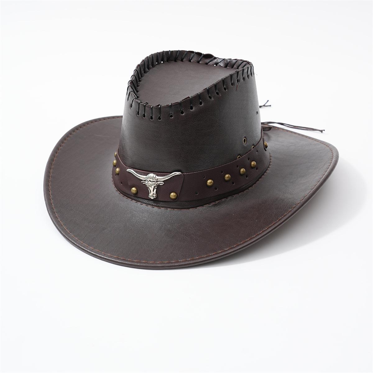 

New Unisex PU Leather Wide Brim Gift Hat Bull Head Belt Hat Strap Suitable for Hiking And Mountain Climbing Denim темно-коричневого