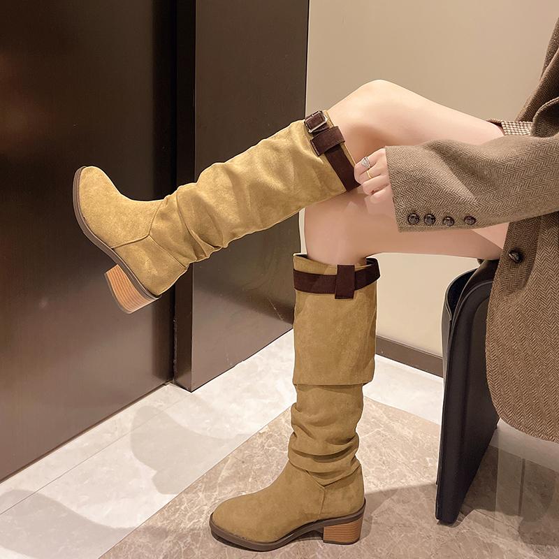 Fashion Vintage Chunky Heel Western Cowboy Boots for Women Winter New Style Faux Suede Ankle Boots Woman Pointy Chunky Heels Short Boots