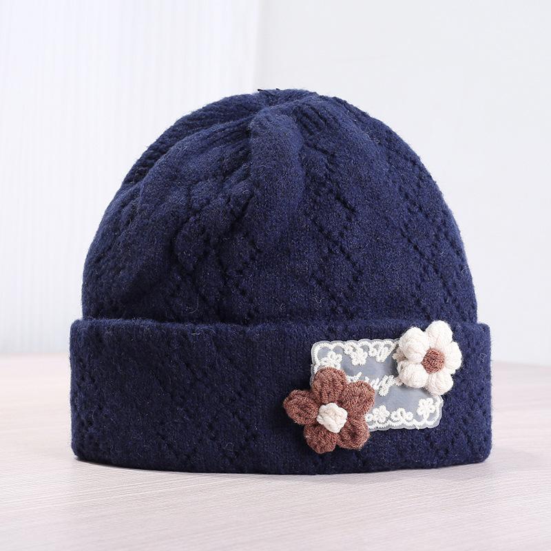 Autumn and winter warm ear protection double-layer flanged pullover wool hat female sweet literary lace handmade flower knitted hat