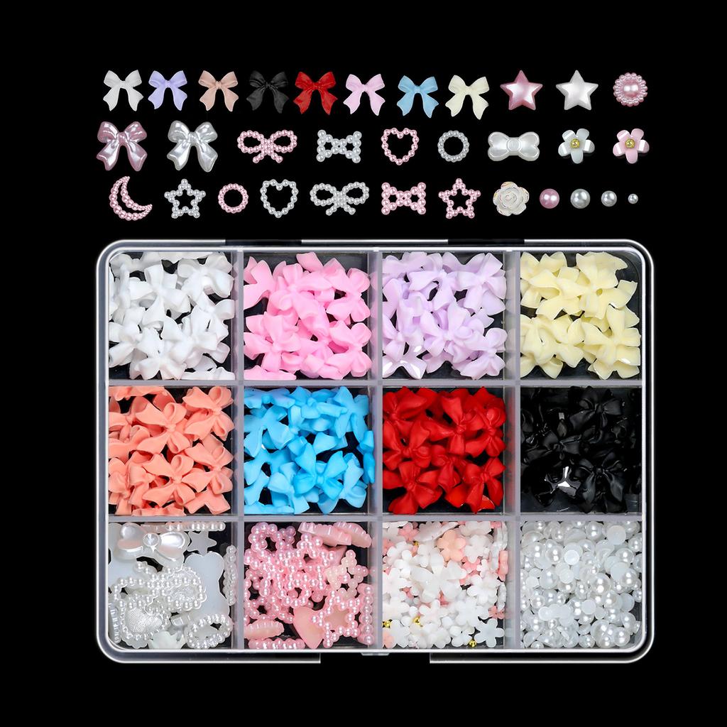 12/15 Grids/Box 3D Nail Art Decoration Kit With Resin Bowknot Pearls Heart & Assorted Shapes Kawaii Nail Charms Diy Manicure Art