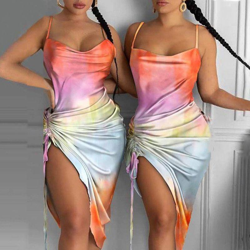 

2024slim Fit Slit Sleeveless Camisole Print Sexy Dress Dress Brown XL