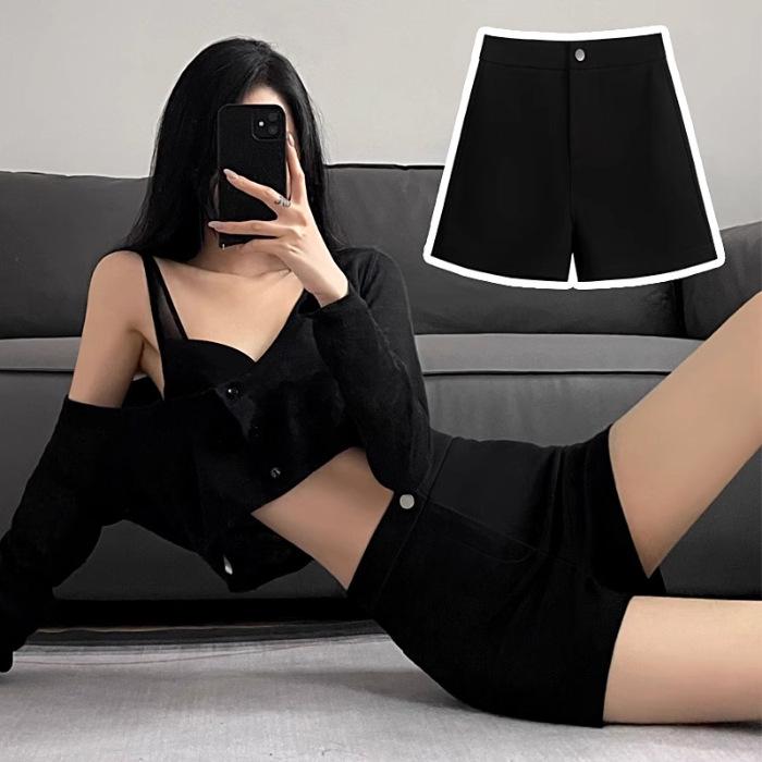 

2025 Женские летние черные шорты с высокой посадкой, облегающие бедра, эластичные Large чёрный