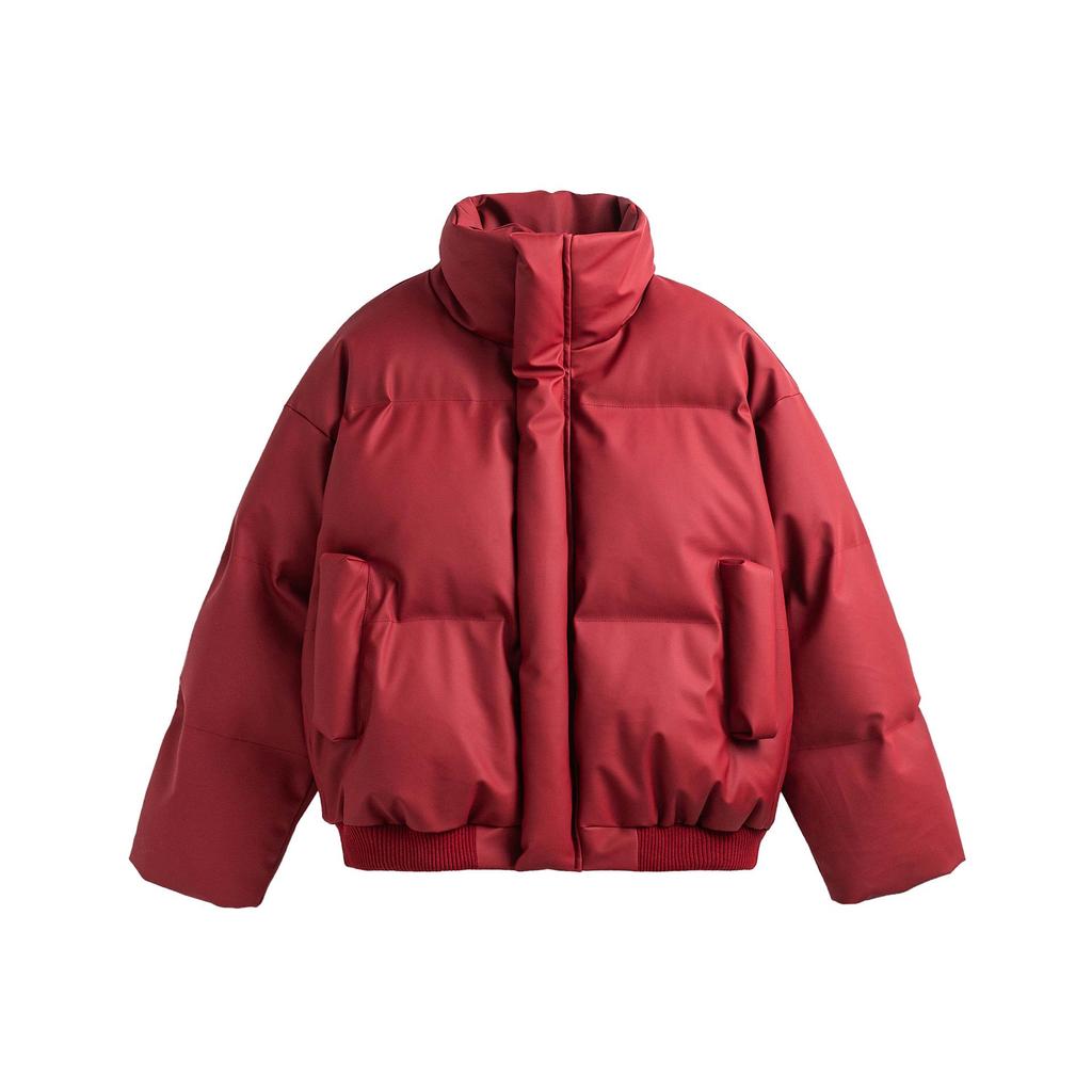 Unisex Frosted PU Leather Puffer Jacket: Winter Heavyweight Stand-up Collar, Thick Warm Loose Fit, Casual Outerwear for Men and Women.