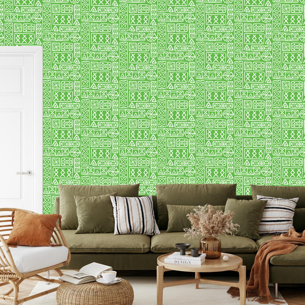 Polynesian Geometric Pattern Wallpaper Mint and Green 50x1000