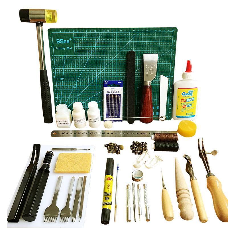 Handmade Leathercraft Sewing Set: Cutting Knife, Diamond Awl, Edge Beveler, Waxed Thread, and Coat.