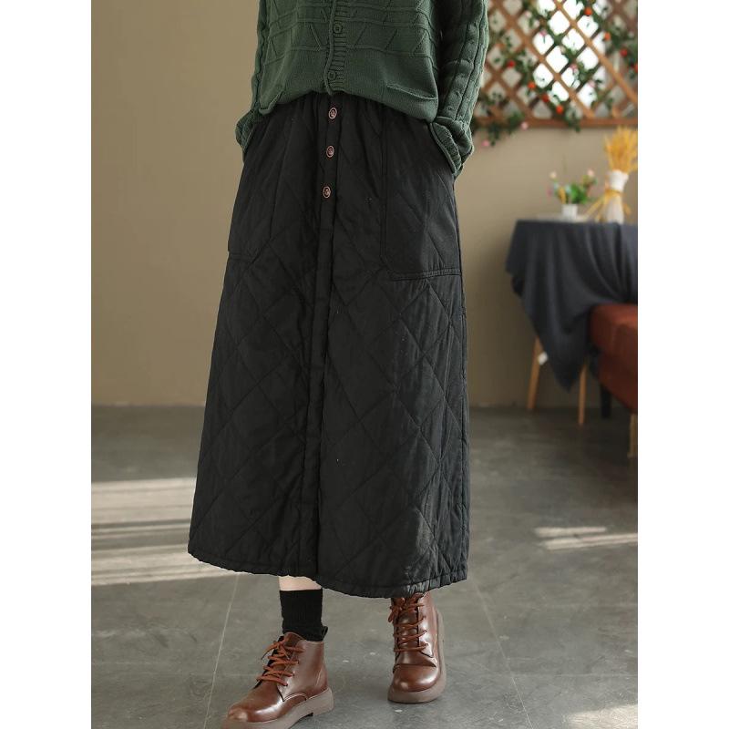 Vintage Diamond-Quilted Padded Winter Skirt with Pockets - Slimming, Warm, and Versatile Cotton Half Skirt for Women
