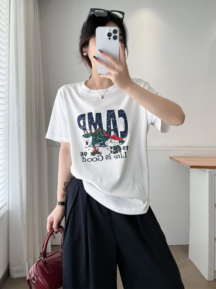 2025 Spring/Summer Plus Size Women's Loose Fit Round Neck Cartoon Print Short Sleeve T-shirt