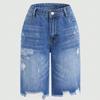 Women Straight Leg Denim Shorts with Pockets Distressed Design Mid Waist Non Stretch Casual Jean Bermuda Shorts