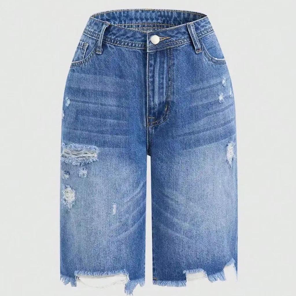 Women Straight Leg Denim Shorts with Pockets Distressed Design Mid Waist Non Stretch Casual Jean Bermuda Shorts