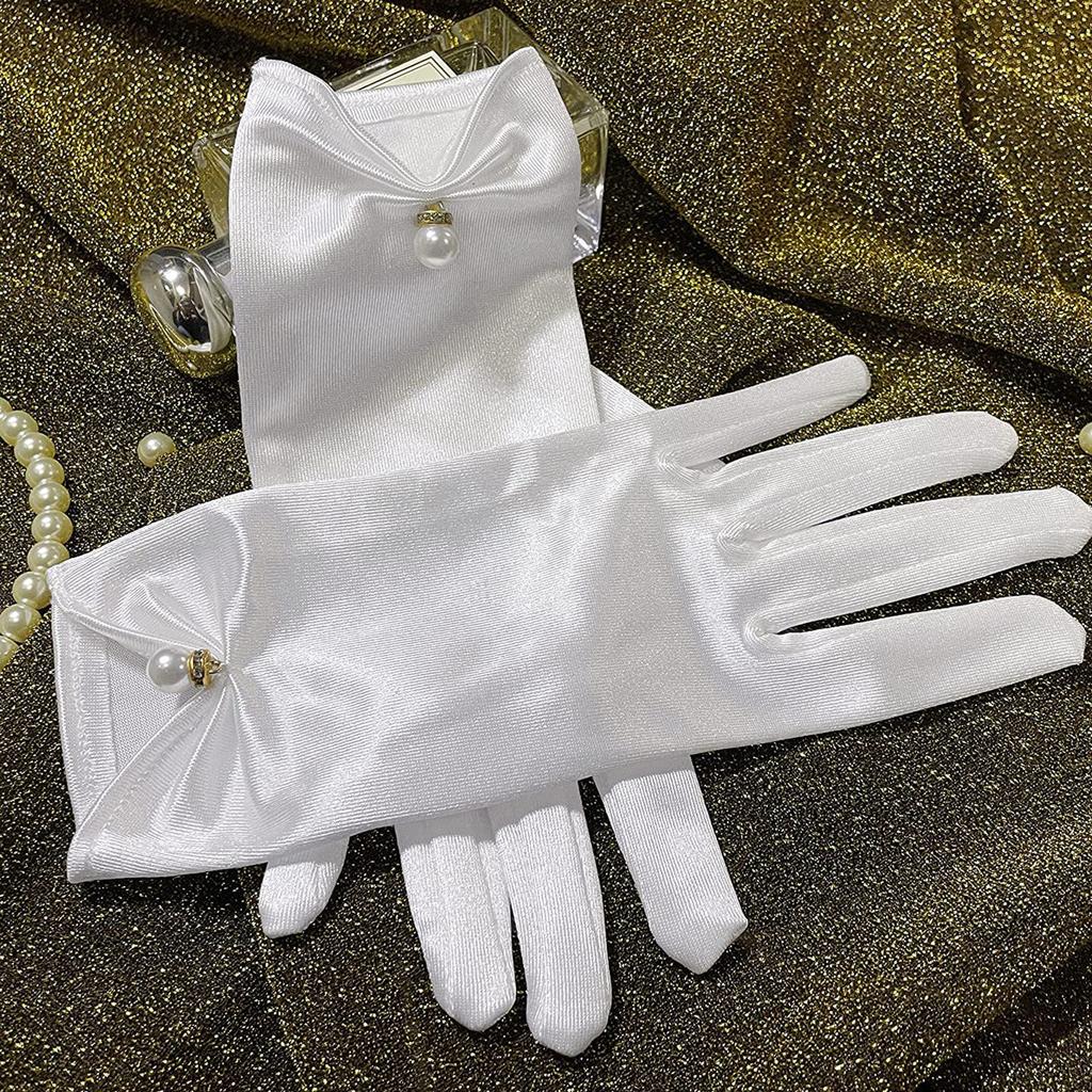 Satins Gloves Evening Gown Gloves with Pearls Decors Wedding Bride Gloves for Formal Occasion Stage Props Hand Gloves