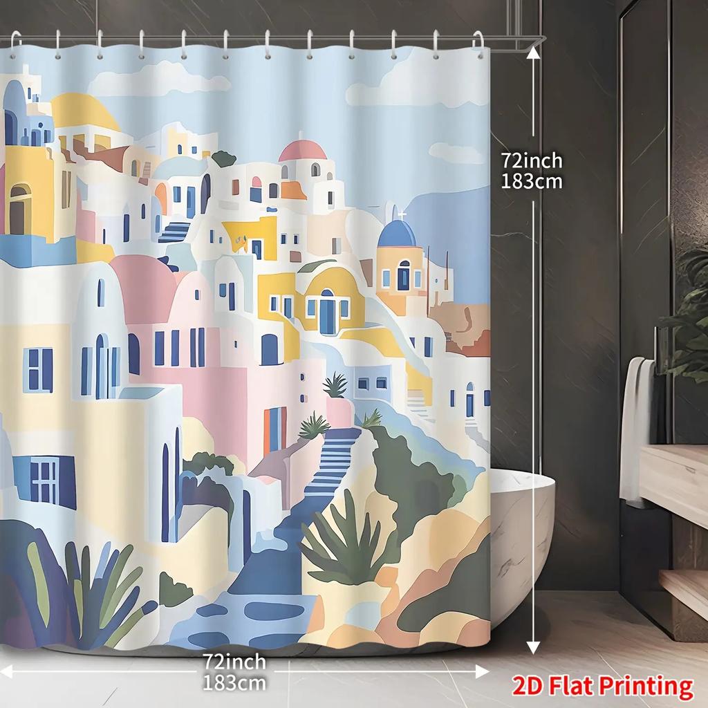 Watercolor Santorini Greek Village Shower Curtain Waterproof Bathroom Decor Mediterranean Art Print Polyester Home Decoration