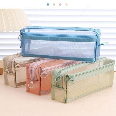 Double Layer Mesh Pen Bag Large Capacity Transparent Stationery Storage Bag Multifunctional Zipper Exam Supplies Organizer