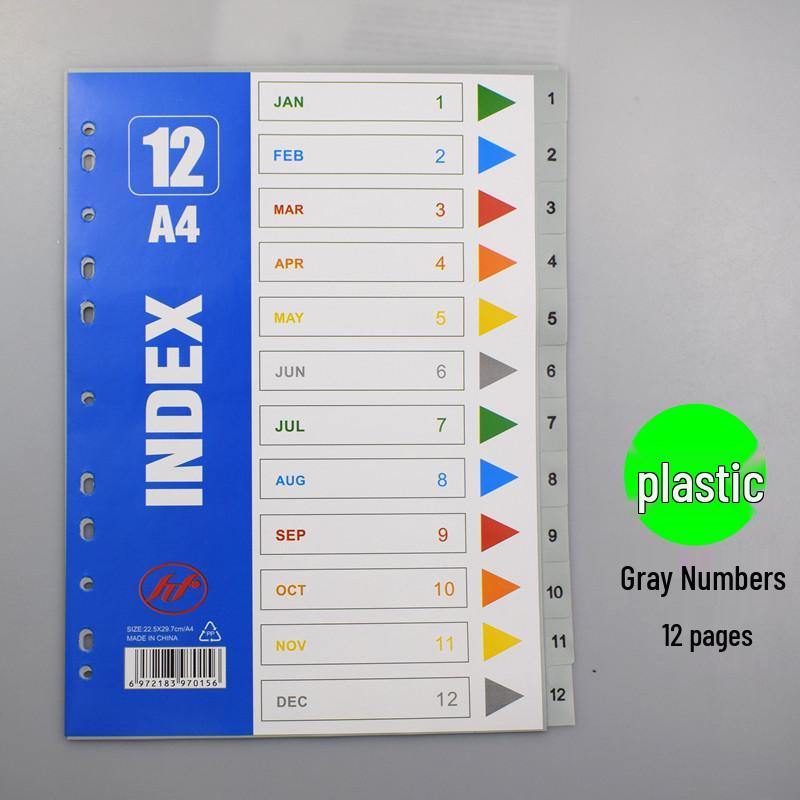 Set de separadores A4 de hojas sueltas: 12 Páginas de Índice Mensual, 50 Páginas Etiquetadas, 31 Páginas de Clasificación por Letra de Colores, Perforadas para 11 Agujeros.