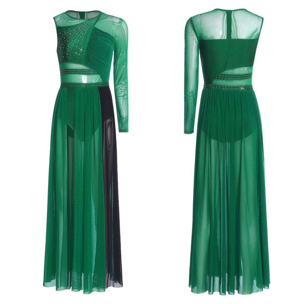 Lyrisches Tanzkleid für Damen Glänzende Strasssteine Colorblock Patchwork Seitenschlitz Mesh Bühnenbekleidung