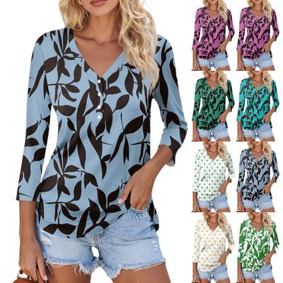 Women's Casual Fashion Sexy Comfortable V-Neck Button Floral Three-quarter Sleeve Top