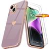 Case + 2 Tempered Glasses for iPhone 14 - Purple - Shockproof Liquid Silicone with Gold-plated Love Heart Pattern