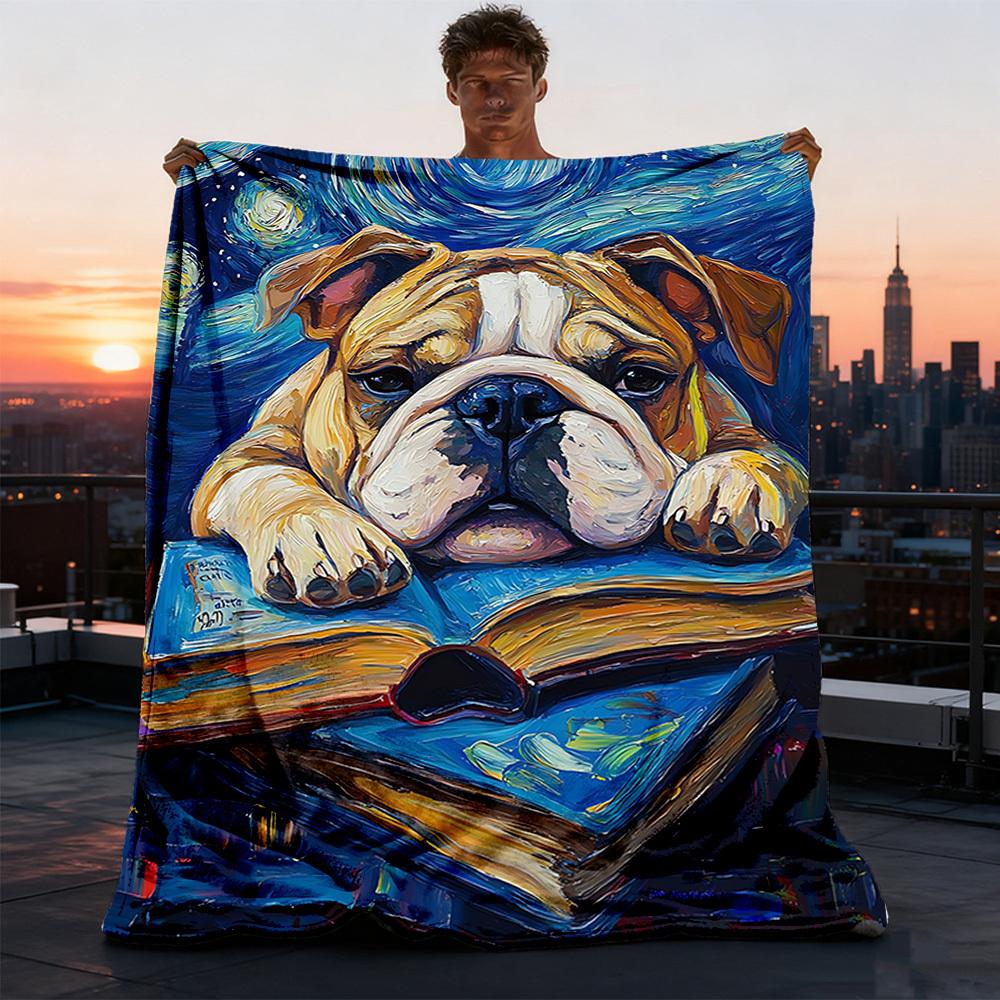 1pc Bookish Bulldog Outdoor Soft Polyester Flannel Throw Blanket Versatile for All Seasons , Soft , Cozy , Warm All Season Quilted Throw ,