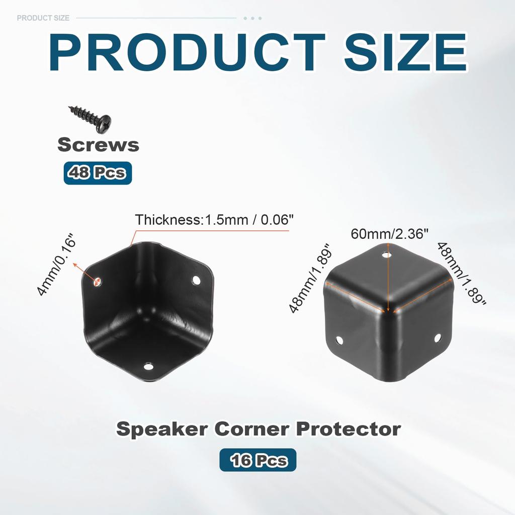 Uxcell 16 szt. Narożnik obudowy głośnika Metalowy Możliwy do układania w stos Ochraniacz Owiń Kąt Obudowy Krawędź Pudełka Ochrona z 48 Śrubami Montażowymi dla Scena DJ Audio Dźwięk