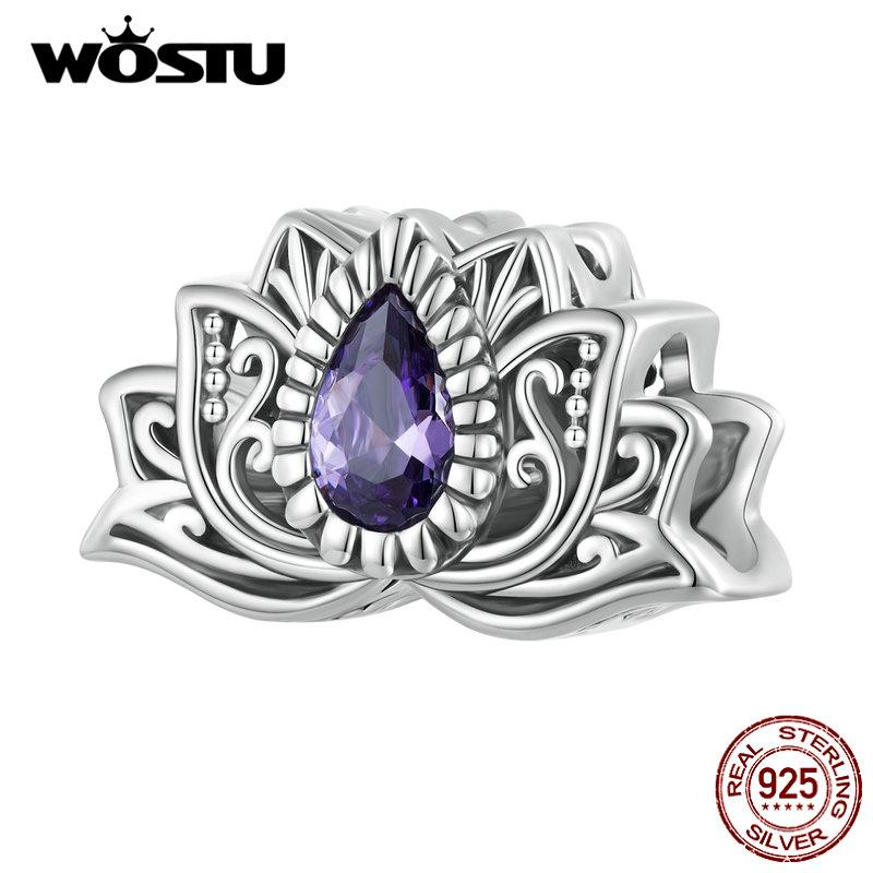 

WOSTU стерлингового серебра 925 пробы фиолетовый циркон бусины лотоса полые подвески в виде цветов для женщин оригинальный браслет и браслет 925 silver