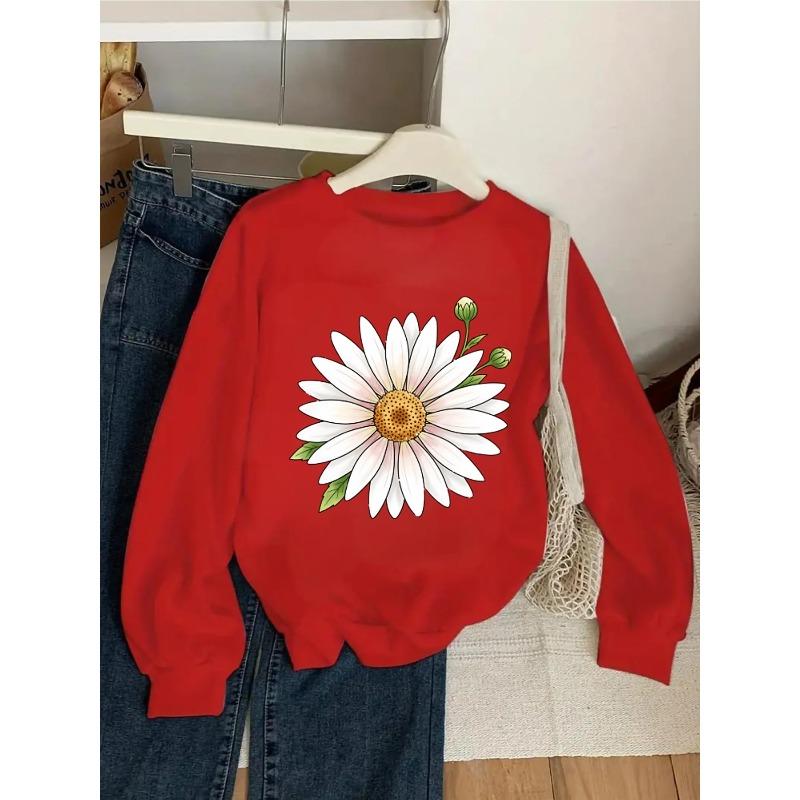 Crewneck Sweatshirt for Girls Featuring a Daisy Design with Green Leaves And Buds. It'S Machine Washable