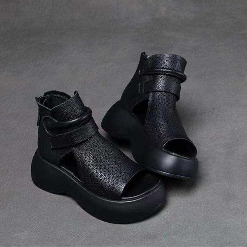 2025 Summer Hollow Short Boots Thick-soled High-heeled Heightened Lightweight Roman Cool Boots Outer Wear Fish Mouth Muffin Sandals Women's Models