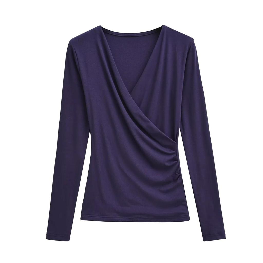 Mature Style V-neck Cross-Pleated Long-Sleeve Top for Women – Autumn/Winter Slimming Waist T-shirt