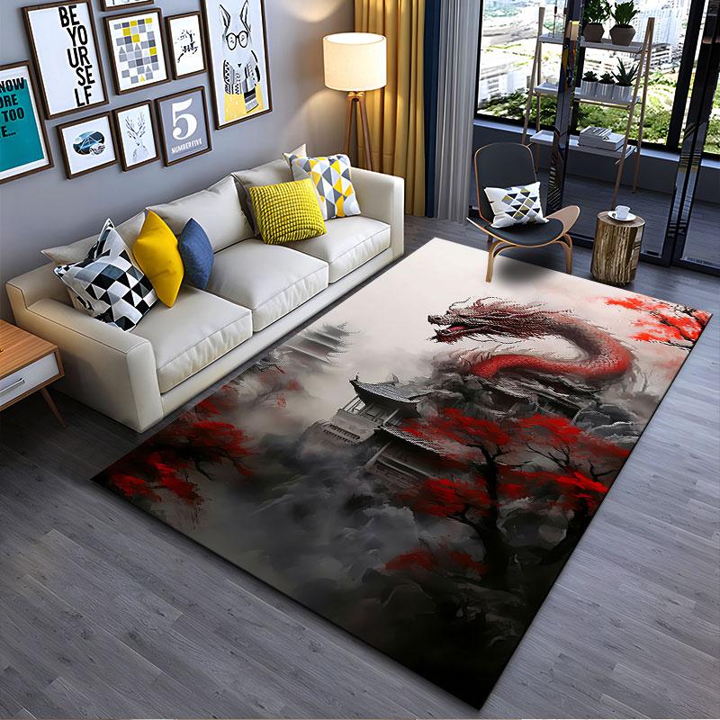 Red Dragon Amid Mystic Temple suitable as a non-slip mat for the living room or bedroom sofa