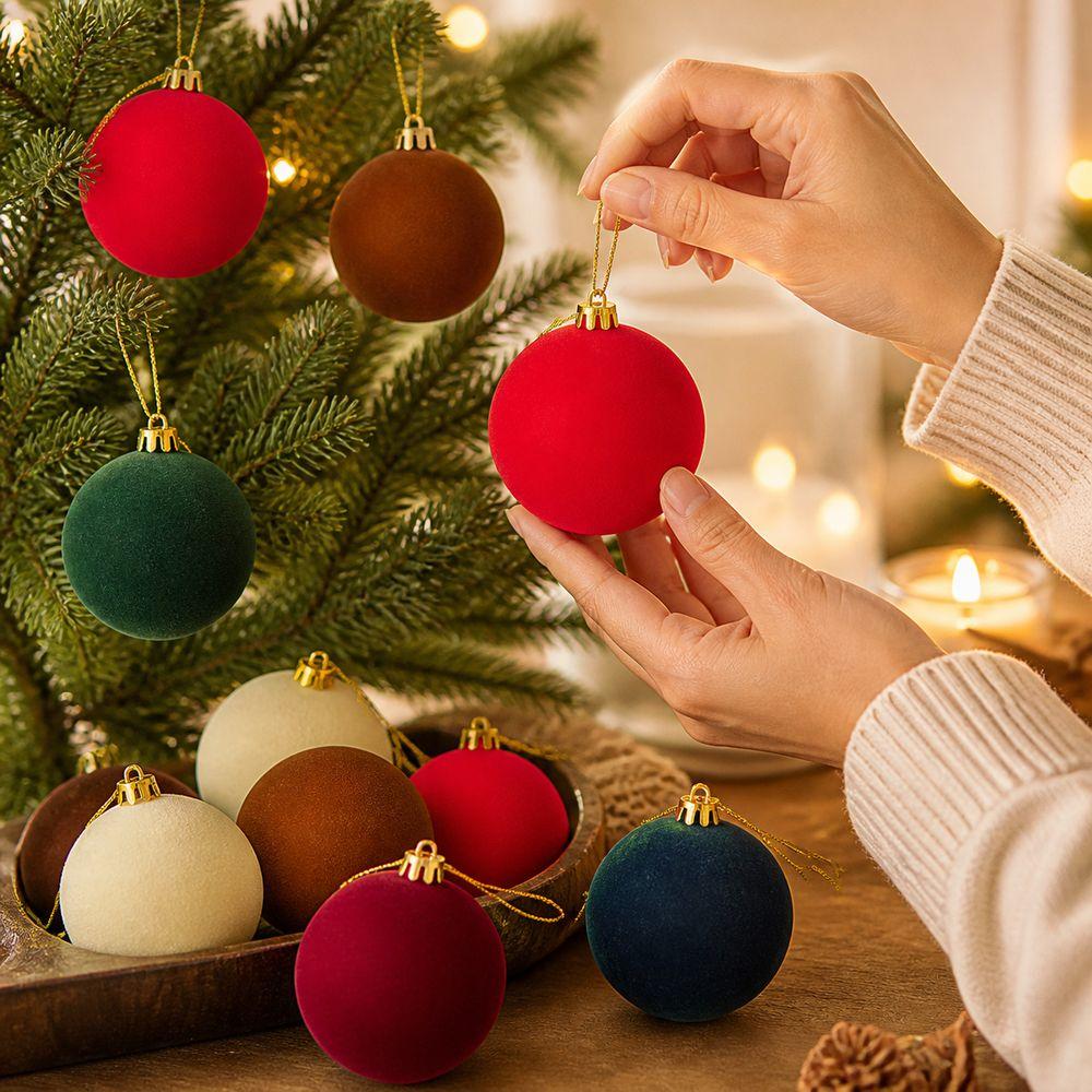12pcs 6cm Christmas Ball Ornaments Vintage Style Gold Hanging Caps Flocked Christmas Hanging Ball Round Shape