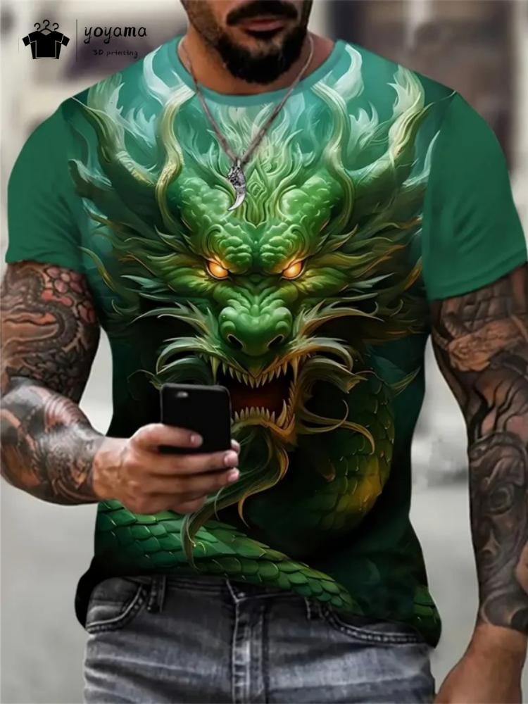 Summer Round Neck 3D Print Top Fashionable Casual Short Sleeved Dragon Pattern Men's T-shirts