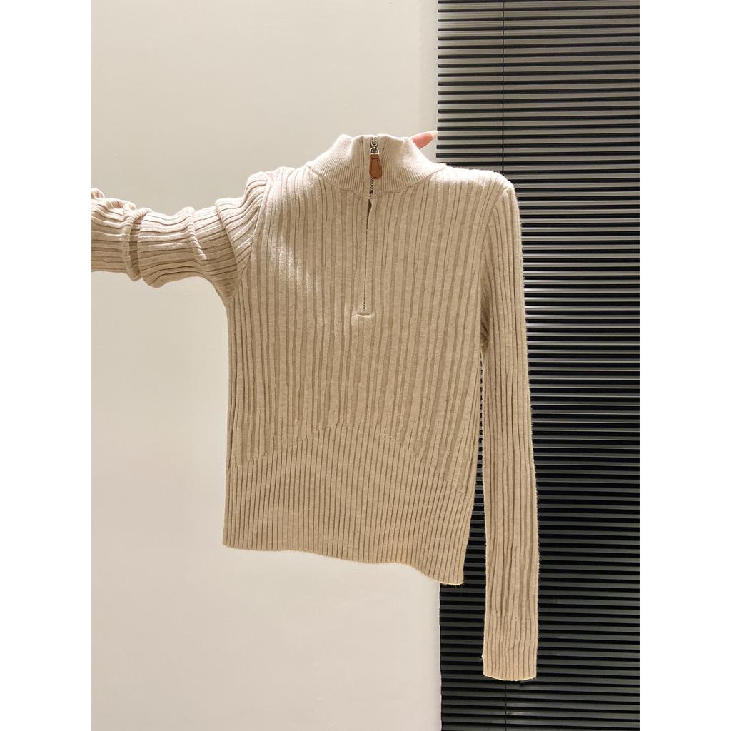 Waist high-end small stand-up neck knitted sweater women's autumn and winter slim-fit soft waxy zipper inner top bottoming shirt