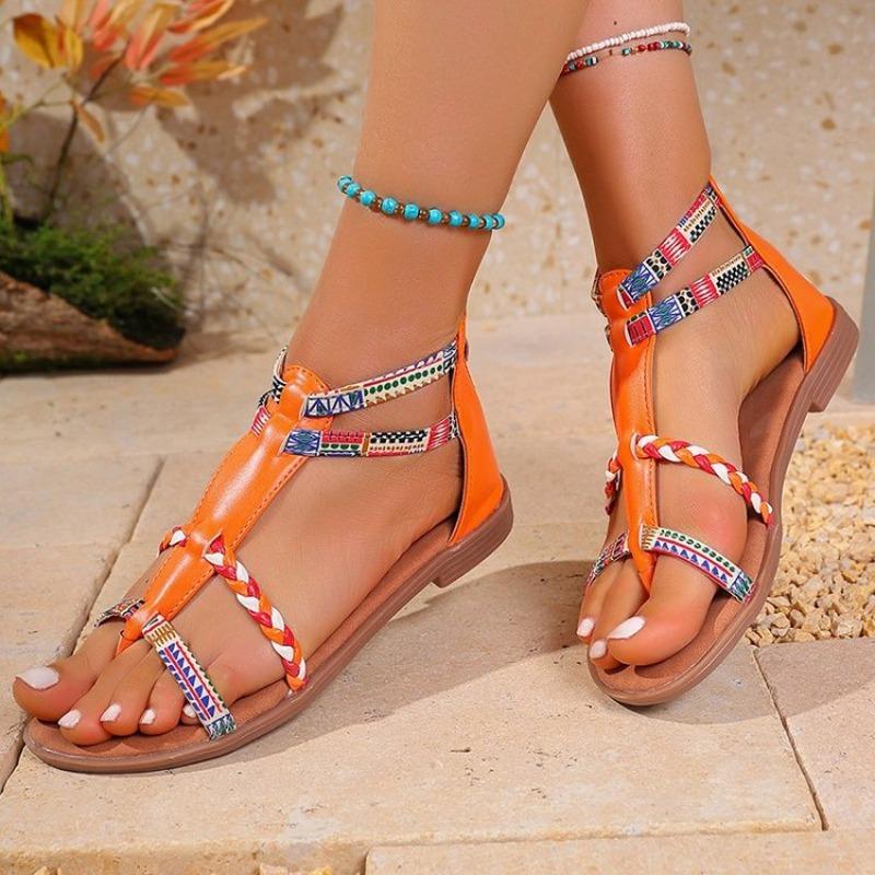 

Fashion Bohemian Style Mixed Color Flat Sandals For Women 2025 Summer Pinch Narrow Band Zip Cover Heel Roman 35 оранжевый