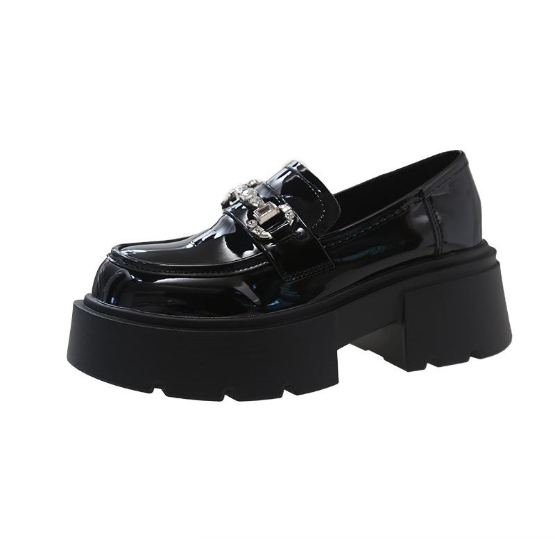 Platform Loafers Women's Small 2024 Thick Heels High Heels One Pedal Rhinestone Small Leather Shoes Black Glossy Single Shoes