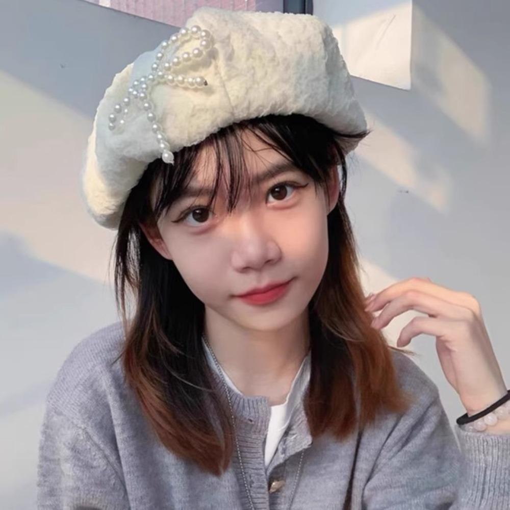Y2K Lace Berets Cap Street Style Women Artist Hat Casual Pearls Bow Soft Hat  Girls