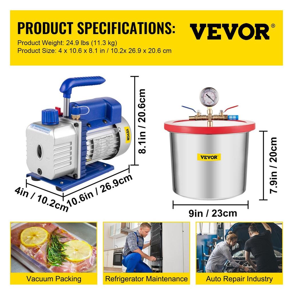 2 Gallon Vacuum Chamber Silicone Expoxy Degassing 4CFM 1/3HP Vacuum Pump