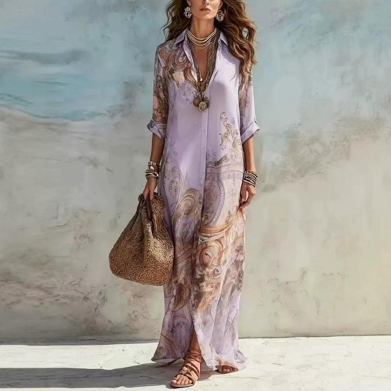 Abito Maxi Floreale Boho da Donna con Scollo a V Manica Corta Larga Estivo Lungo