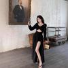 Autumn Dress V-neck Sexy Long-sleeved Dress Women's Waist A-word Split Medium and Long Dress Hollowed Out Black Temperament Skirt
