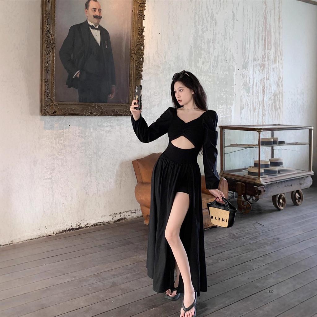 Autumn Dress V-neck Sexy Long-sleeved Dress Women's Waist A-word Split Medium and Long Dress Hollowed Out Black Temperament Skirt