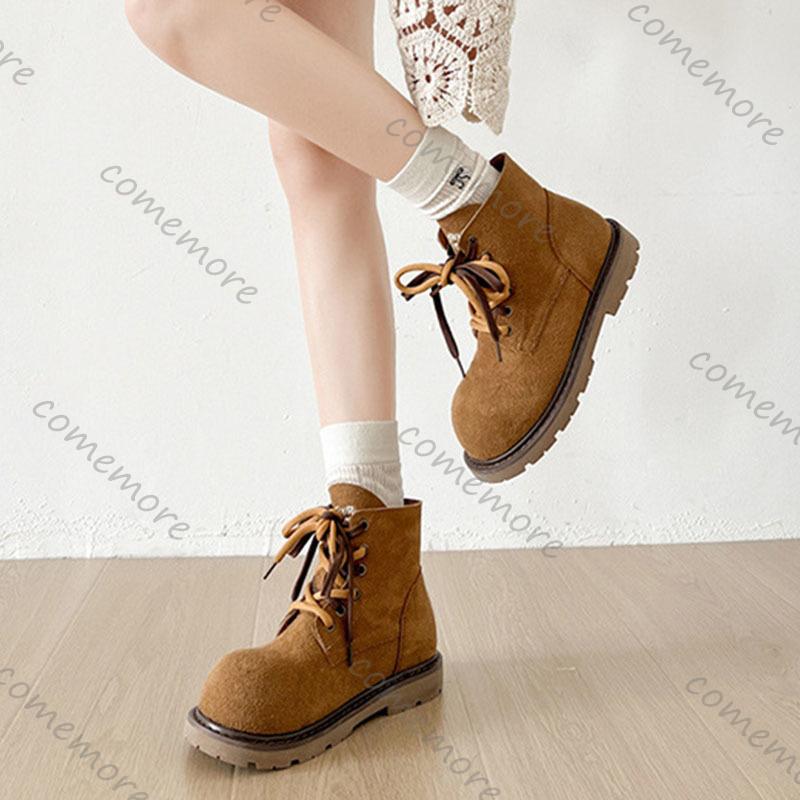 Fashion Comemore Retro Flache Stiefel für Damen Wildleder Schnürung Mode 2025 Herbstschuhe Goth Uni Chelsea Runde Zehe Damen Stiefeletten