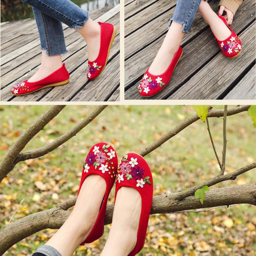 Vintage Embroidered Women Flats Flower Slip On Round Toe Shoes Loafers Ballerina