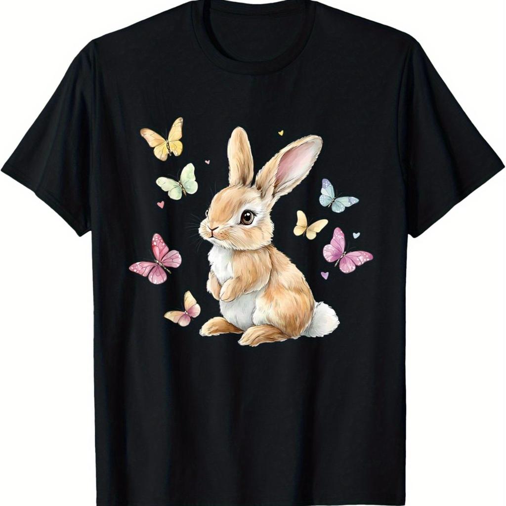 Cute Bunny Rabbit Butterfly Graphic Print Men Women Casual Cotton T-Shirt Summer Trip Tee