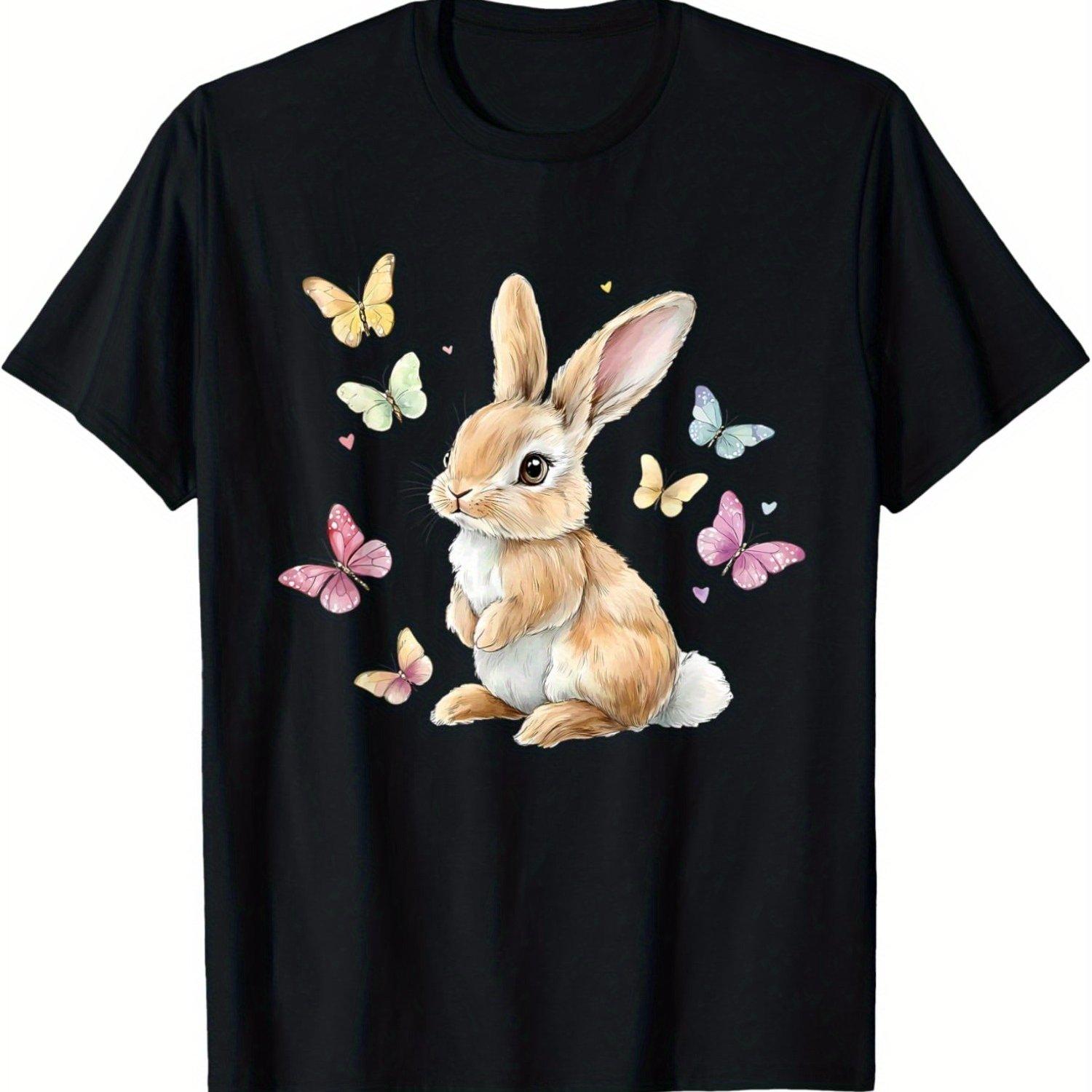 Cute Bunny Rabbit Butterfly Graphic Print Men Women Casual Cotton T-Shirt Summer Trip Tee S