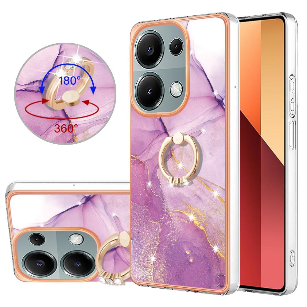 

For Xiaomi Redmi Note 13 Pro 4G/Poco M6 Pro 4G Case with Ring Kickstand Marble Pattern Electroplating TPU Back Cover White 006