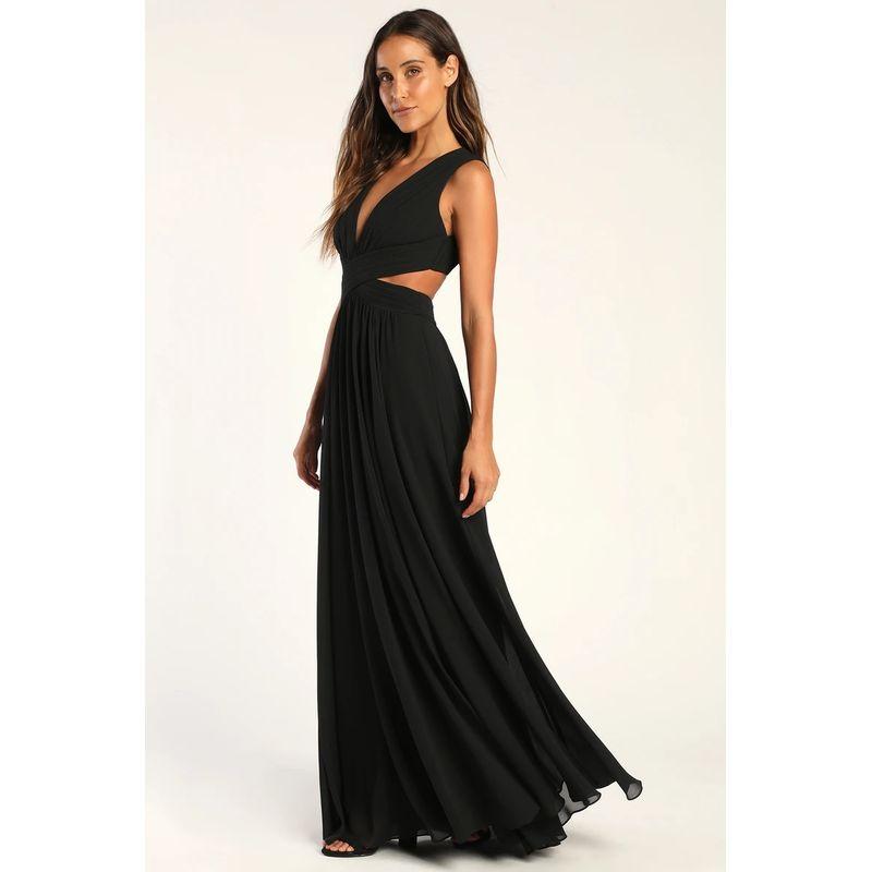 

Export Lu Family Vacation Elegant Chiffon Big Swing Beautiful Fashion Socialite Adult Lady like Woman Sexy Deep V Neck Waist-Baring Dress Black XL