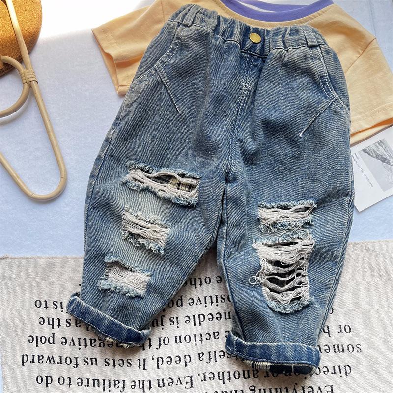 Boys' American High Street Ripped Jeans Children's Trendy Casual Straight Leg Pants Loose Pants