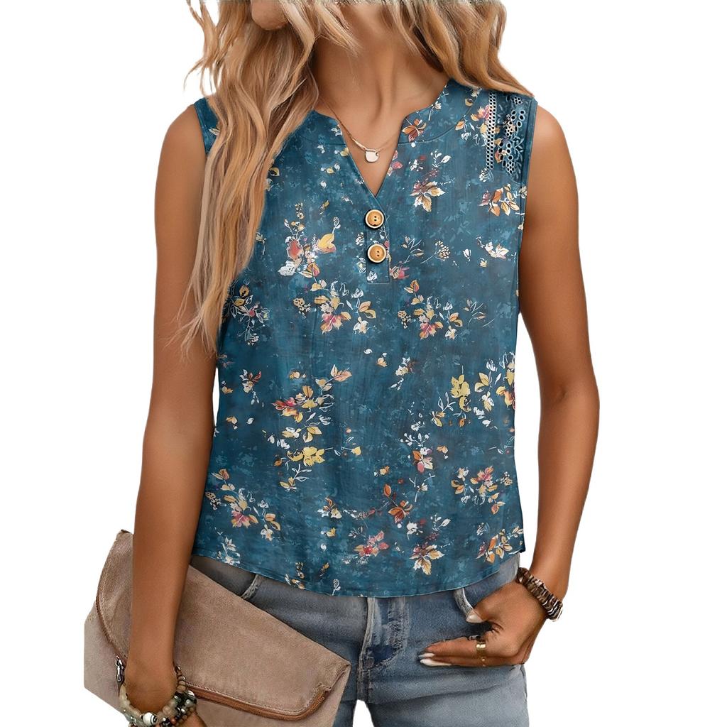 Women's Casual, Loose-Fitting, Printed, Sleeveless Linen Blouse