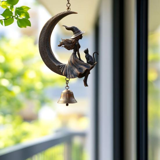 Witch Black Cat Moon Wind Chime Halloween Hanging Wind Bell Ornament with Moon And Cat for Outside Patio Lawn Yard Pathway Garden Porch Decor