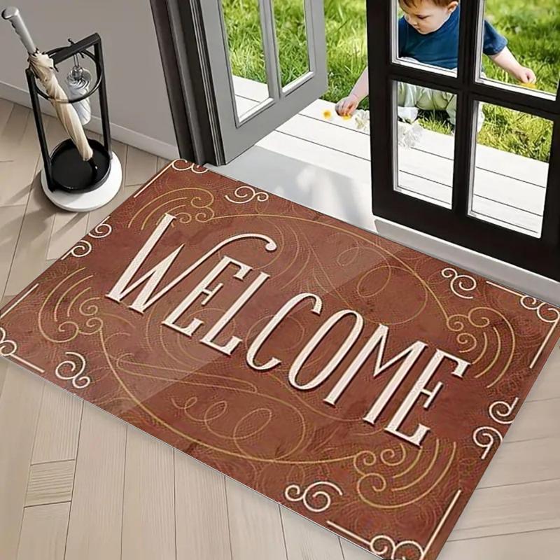 Peace To All Who Enter Here WELCOME Doormat Primitive Folk Art Style Floor Mat with Heart Accents for Entryway 40x60cm